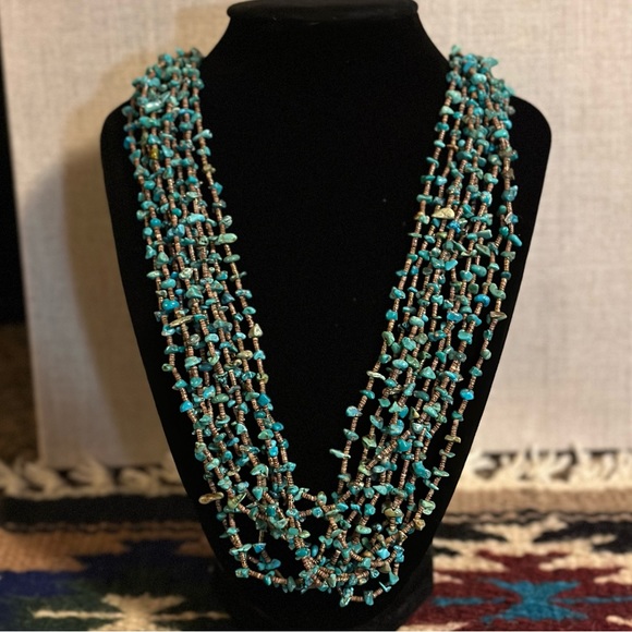 Native Jewelry - Authentic Multi Strand Turquoise Heishi Shell Sterling Santo Domingo Necklace